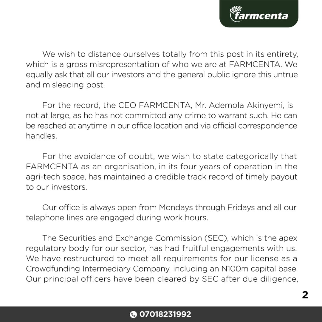 farmcenta's tweet photo. OFFICIAL RESPONSE BY FARMCENTA ON ALLIGATION OF FRAUD TRAGETED AT CEO https://t.co/6YbW1U5s2S