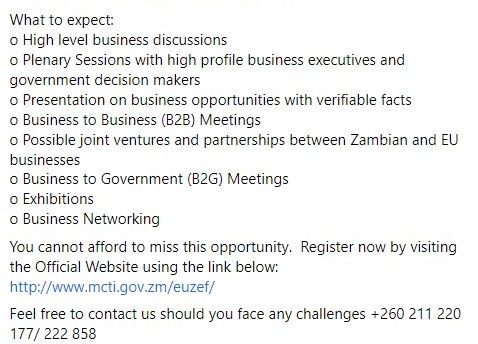 PromoteZambia's tweet photo. Register to participate in the first ever EU โ Zambia Economic Forum slated for 18 & 19 May 2022 in Lusaka
Register now by visiting the Official Website: https://t.co/Do4mT7t6Kn
Contact us: +260 211 220 177/ 222 858
#EUZEF
#ZDA
#investmentpromotion
#potentialmadepossible https://t.co/TpDlasx23i