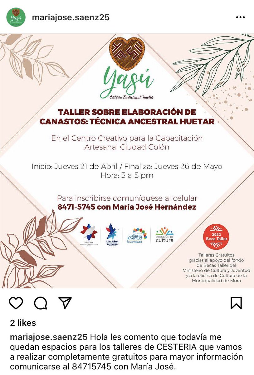 Invitados a este taller en el Centro de capacitación de artesanos en el cantón de Mora!