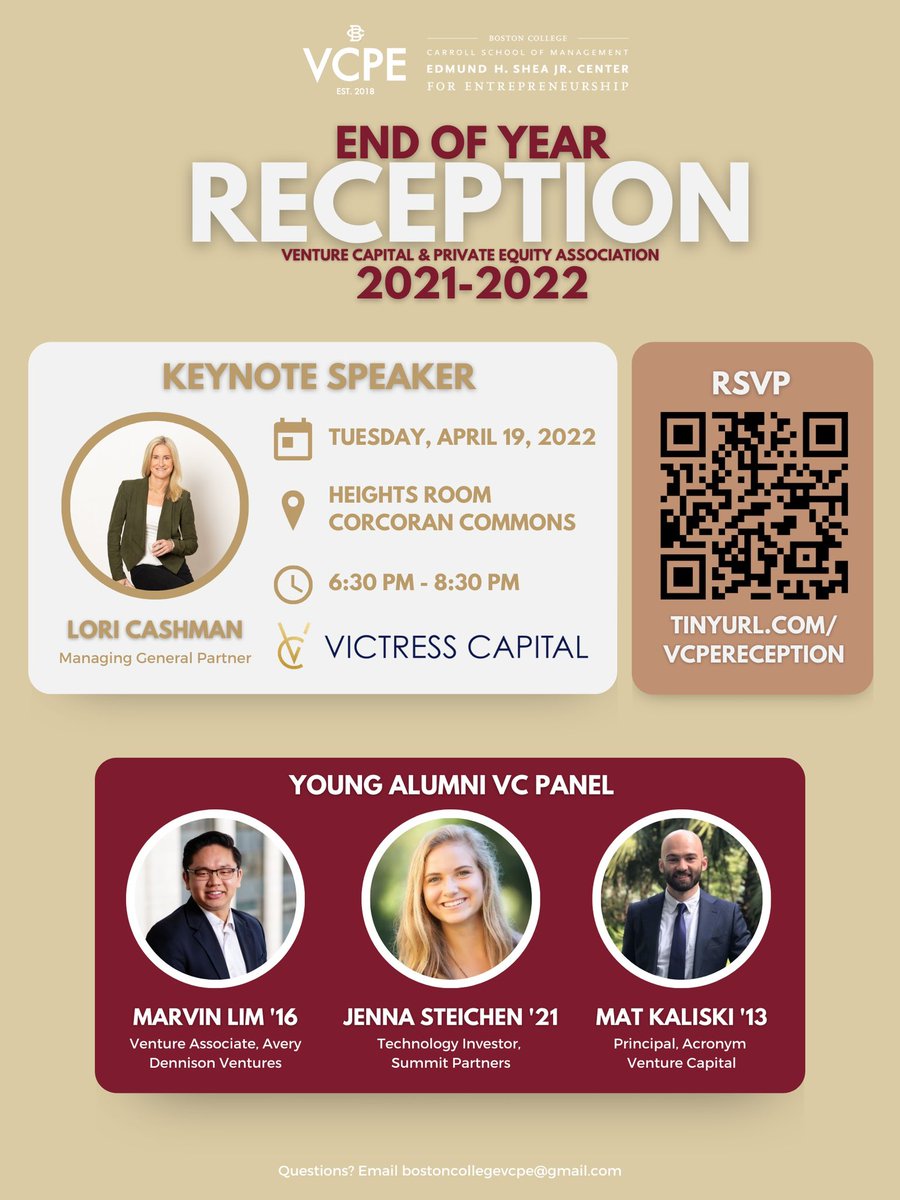 bcvcpe's tweet photo. Our End of Semester Reception is tonight! Please join us at 6:30 in The Heights room for this great opportunity to hear from and network with industry professionals as well as local startups. Spaces are limited, so please RSVP. https://t.co/XBxTWckioW