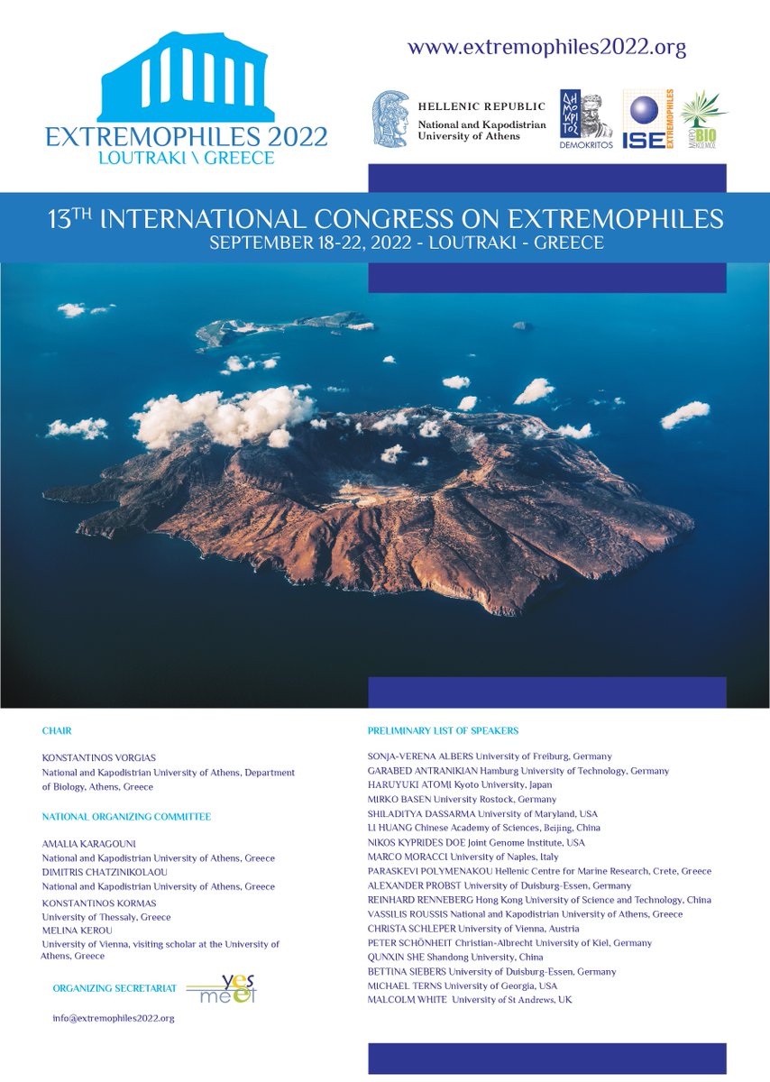 Extremophiles22's tweet photo. The Organizers, the International Society for Extremophiles, and the Hellenic National Initiative “Mikrobiokosmos” are pleased to announce the 13th International Congress on Extremophiles (Extremophiles2022), 18th-22nd September, 2022, Loutraki (80 km from Athens, GREECE). https://t.co/gvTQ27PpjH