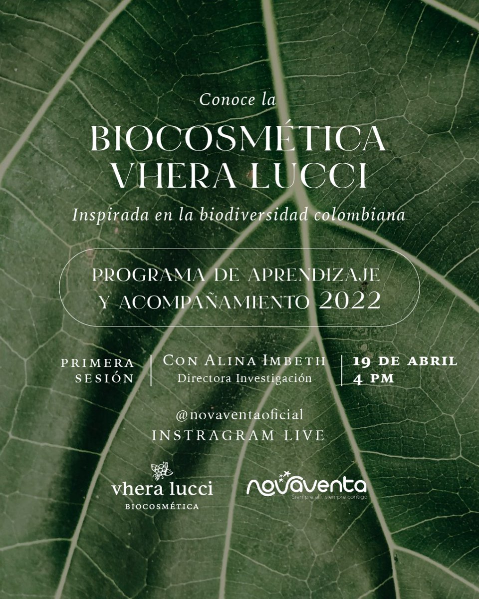 Hoy 19 de abril iniciamos nuestro programa de aprendizaje sobre la BIOCOSMETICA VHERA LUCCI. Conéctate a las 4 pm en la cuenta de @novaventaoficial en instagram, acompáñanos y pregunta todo lo que desees sobre esta iniciativa que resalta la biodiversidad COLOMBIANA 🇨🇴