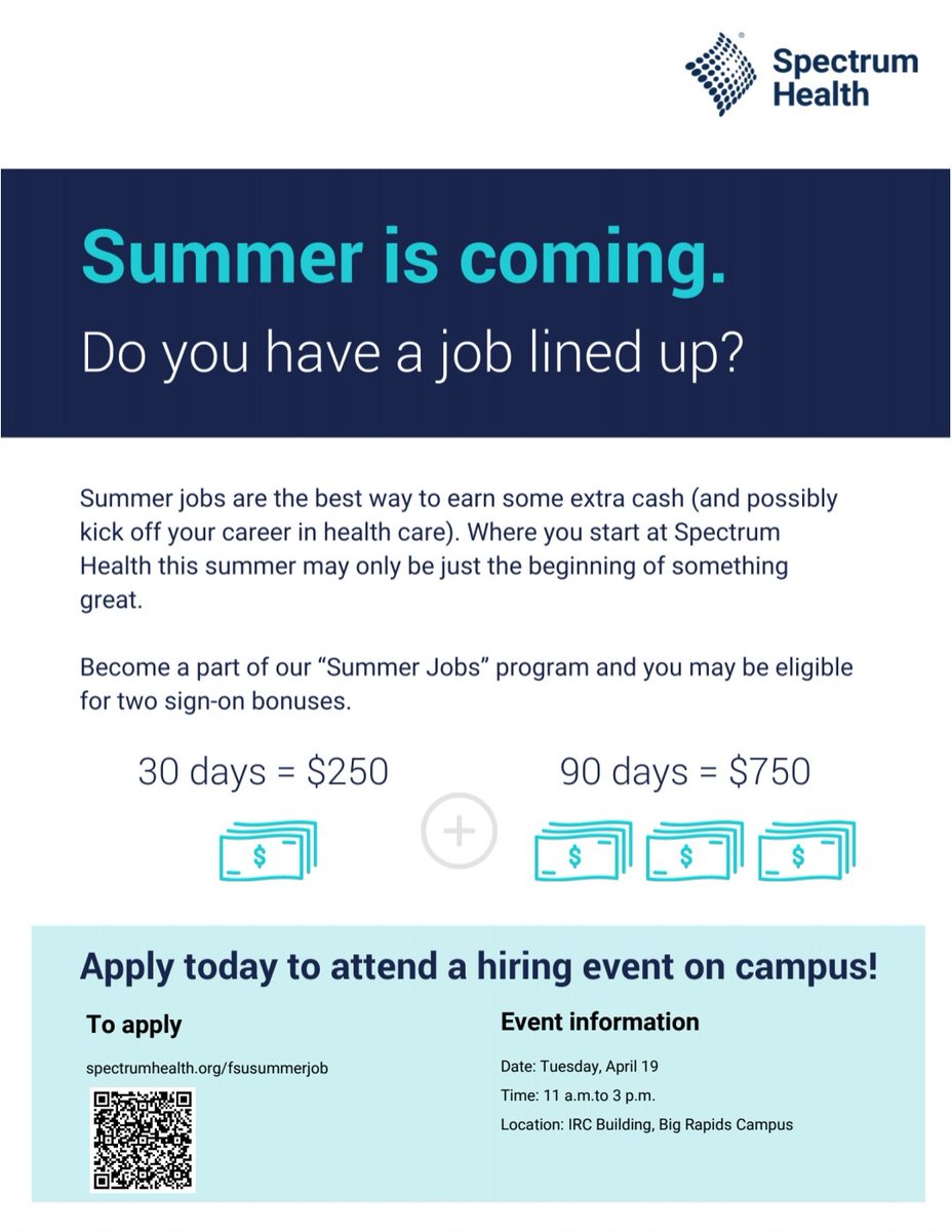 FerrisCAS's tweet photo. Looking for a summer job in the healthcare industry? There will be a pop-up hiring event in the IRC today from 11 to 3. At minimum, this is a great opportunity to work on networking skills! https://t.co/t25kNVB3UT