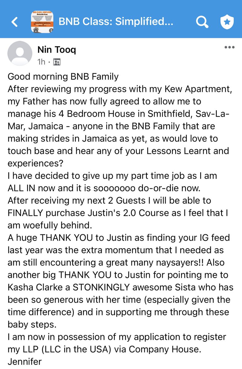 Student in the UK has NOT purchased my course yet. She joined my Group Mentorship Community. Attends my FREE Masterclass every week. Joins my Sunday night mentorship calls. Listed her extra room on Booking.com and AirBNB. Now working on her 2nd listing in Jamaica🇯🇲