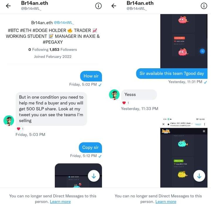 JaneReyPaura's tweet photo. BEWARE OF THIS SCAMMER EVERYONE 

HE IS SELLING LOWEST PRICE AXIE TEAM AND I REALLY INTERESTED ON THIS BECAUSE OF THE PROOF ON HIS TWITTER ACCOUNT THAT HE IS LEGIT .
I ALREADY PAY 1500SLP AND AFTER HE RECEIVED IT HE BLOCKED ME WITHOUT THE ACCOUNT OF TEAM THAT I BUY. 😭😭😭😔 https://t.co/BNhCu9TGcT