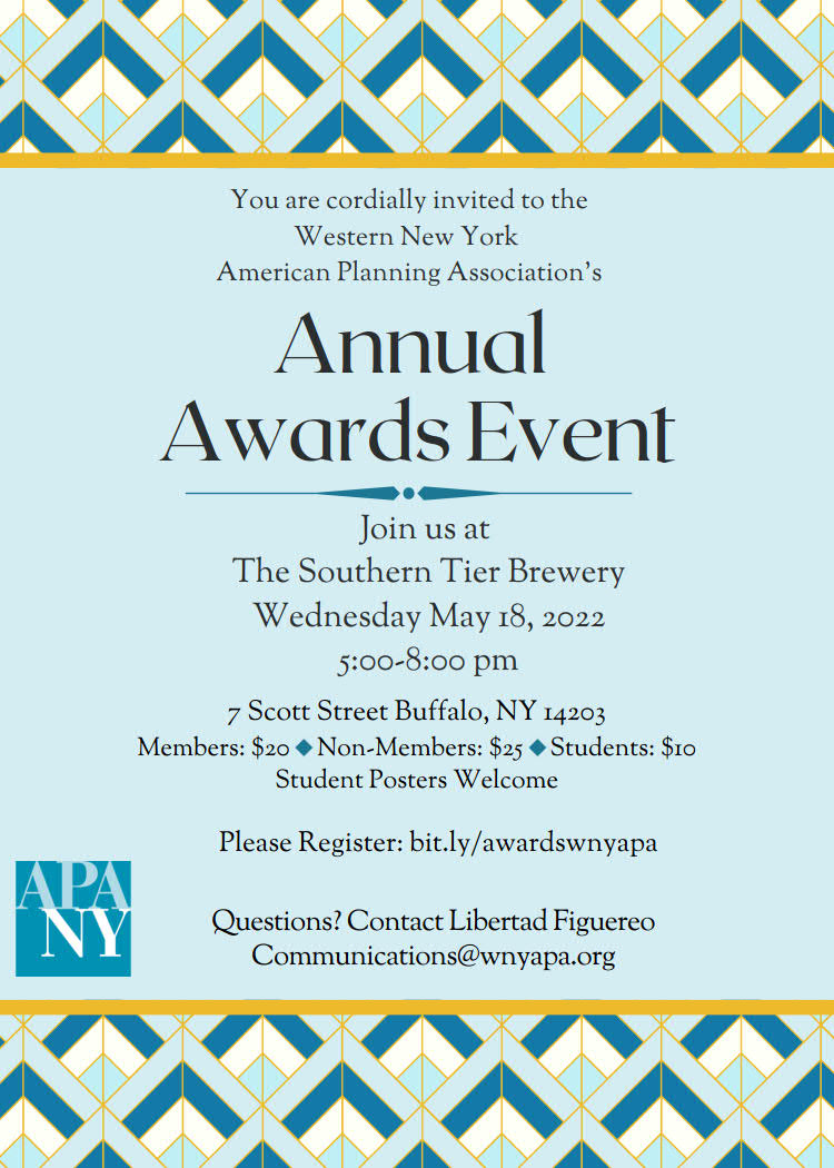 We are excited to announce the return of our WNY APA Annual Awards Event on May 18th at Southern Tier Brewery at 7 Scott Street Buffalo, NY 14203 beginning around 5pm. Light food and refreshments will be provided. Please RSVP/Register using this link: bit.ly/awardswnyapa