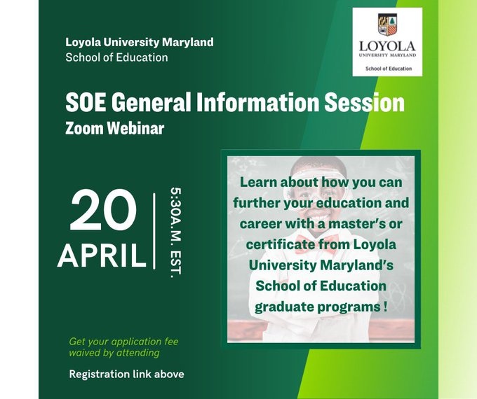 RT <a href="/LoyolaEducation/">Loyola Education</a>: Join us next Wed, April 20th at 5:30 pm EST! Topics will include an overview of our graduate programs, the admission process, financing options, and scholarship opportunities.

Register: grad.loyola.edu/register/?id=f…
*Attendance will waive the $60 application fee.