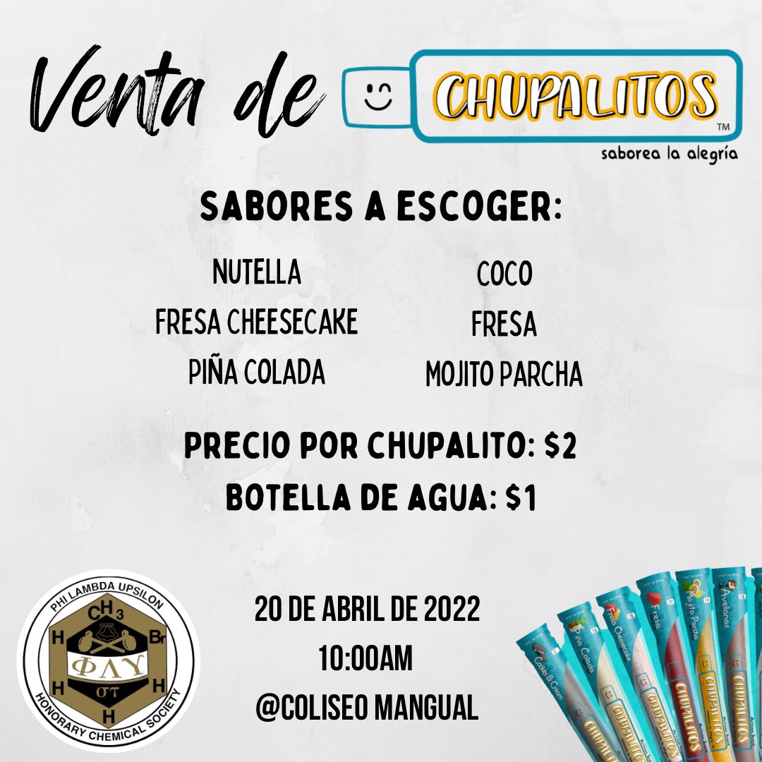 PluUprm's tweet photo. ¡Colegiales!🐾💚

Mañana 20 de abril desde las 10am, nos encontraremos en el área del Coliseo Mangual con nuestra venta de Chupalitos❄️😋.

Recuerden asistir a la asamblea de estudiantes y llevarse un chupalito de su sabor favorito🤍. https://t.co/0qkBcfZgpm