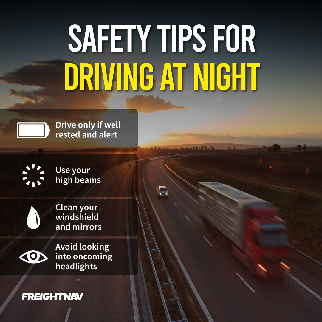 freight_nav's tweet photo. Many truckers prefer driving at night because there’s less traffic. 🌃 But potential dangers on the road also increase at night-time, that’s why it’s important to follow safety guidelines.

What’s your favorite time of the day to drive? 🌙

#drivesafe #trucking #truckdriver https://t.co/QQaldnY9cr