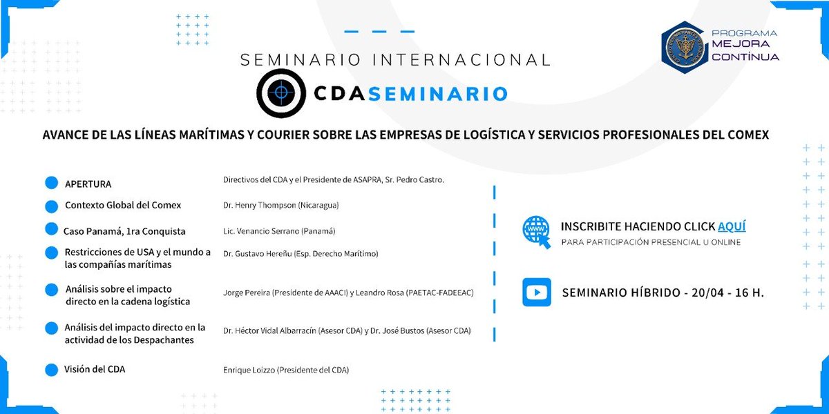🔔#Capacitate #SeminarioInternacional
"Avance de las líneas marítimas y Courier sobre las empresas de logística y servicios profesionales del COMEX"
🗓️ 20 de abril ⏰ De 16 a 18:30 hs (Hr. Argentina)
👉🏼 Modalidad híbrida (presencial y online)
Inscribite cda.org.ar/detalle_notici…