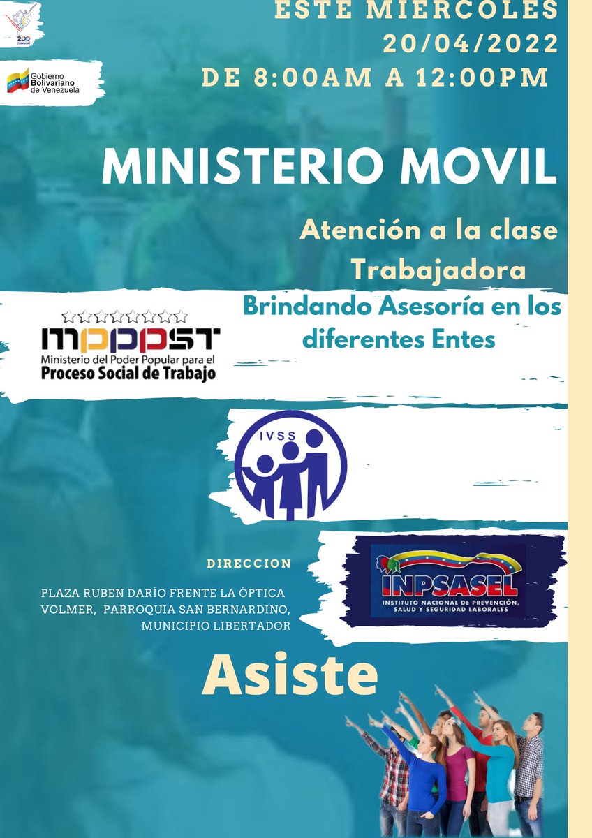 JCSantelizS's tweet photo. Este #20Abril el @MinTrabajoVE Móvil de 8:00 am a 12:00 m,  en la pquia. San Bernardino mpio. Libertador, para atención e información en Gral.
#GritoAntiimperialista
@NicolasMaduro
@min_joserivero
@ivssoficial
@Incret_Oficial
@Inpsasel_vzla
@tssvenezuela  https://t.co/mZ2hmQK1aB