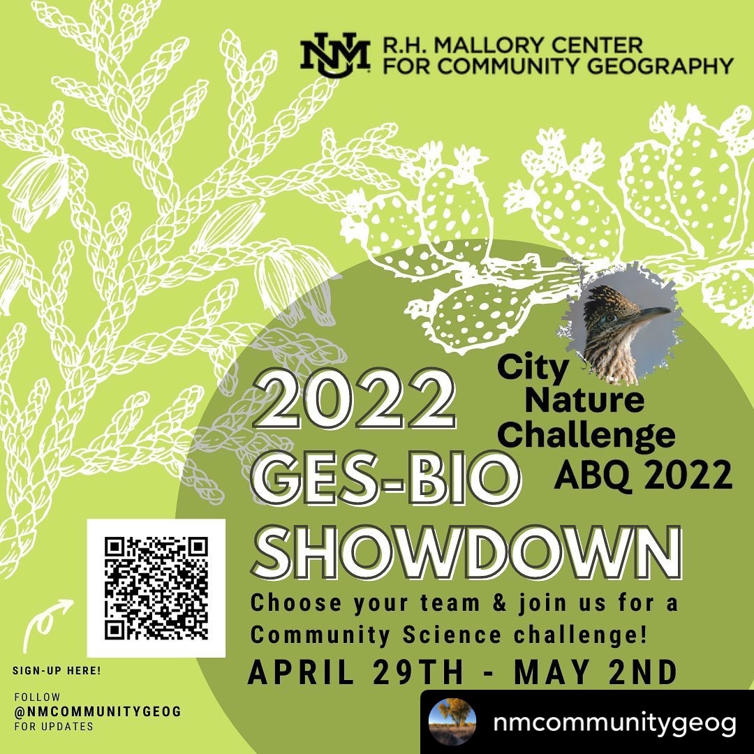 The Center for Community Geography (@nmcommunitygeog) on Twitter photo 10 days until City Nature Challenge 2022 kicks off! We invite all <a href="/unm/">Univ. of New Mexico</a> students, staff, & faculty to join TeamGES or TeamBIO. All you need is a phone camera and a few minutes to walk outside. Both teams are contributing to a city-wide effort! <a href="/UNM_GES/">UNM Geography & Environmental Studies</a> @Cphotosynthesis 10 days until City Nature Challenge 2022 kicks off! We invite all <a href="/unm/">Univ. of New Mexico</a> students, staff, & faculty to join TeamGES or TeamBIO. All you need is a phone camera and a few minutes to walk outside. Both teams are contributing to a city-wide effort! <a href="/UNM_GES/">UNM Geography & Environmental Studies</a> @Cphotosynthesis