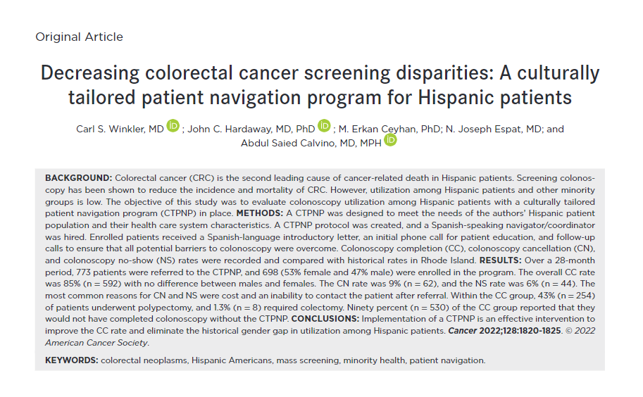 A culturally-tailored #PatientNavigation program can improve the overall #Colonoscopy completion rate, and eliminate the historical #GenderGap in colorectal cancer screening among Hispanic patients. A recent report by @AbdulsaiedC et al explains more: acsjournals.onlinelibrary.wiley.com/doi/10.1002/cn…