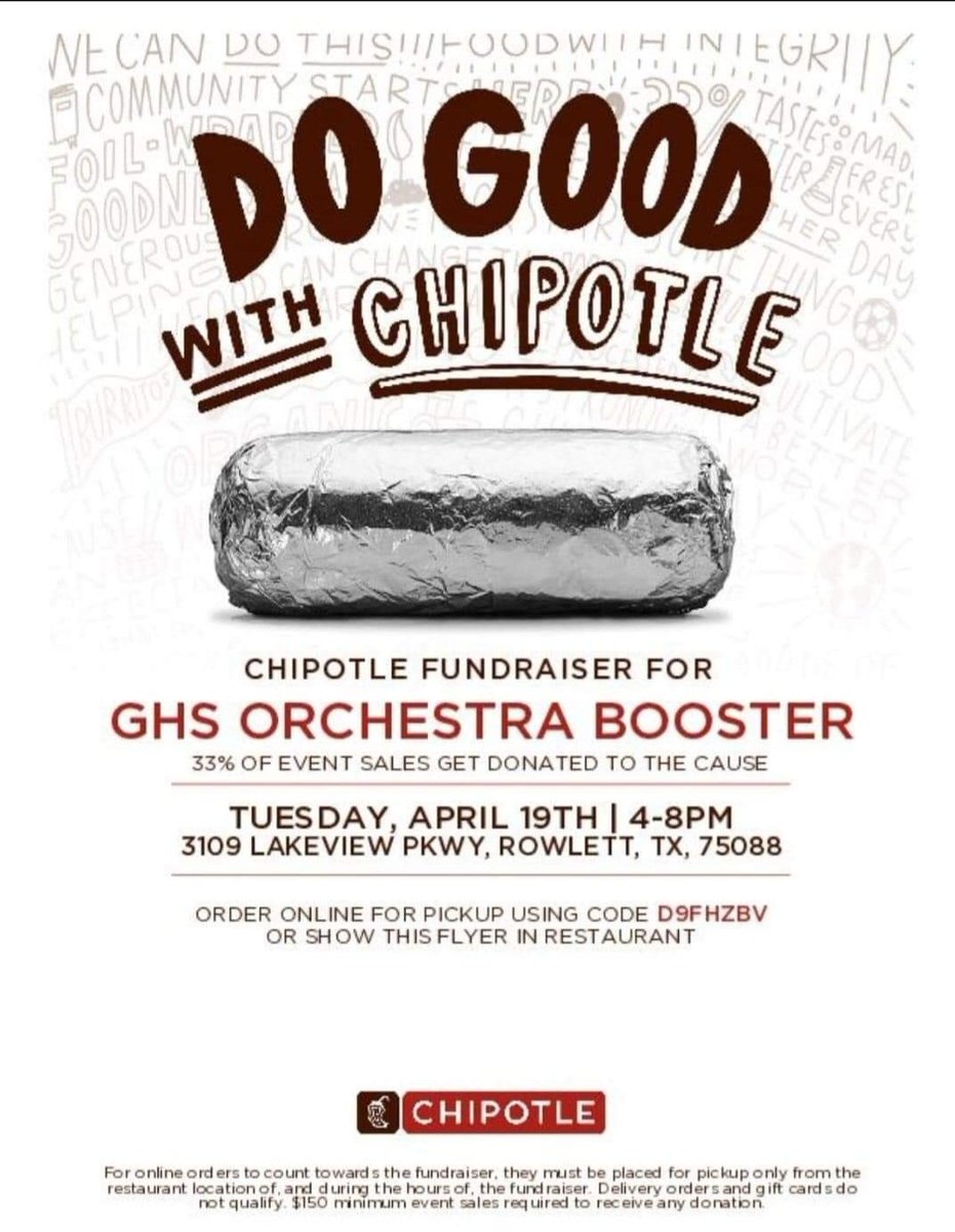 GhsOwl's tweet photo. Today is the day! Run by Chipotle on Lakeview Pkwy between 4:00-8:00 and grab some dinner. MOO will get 33% of the sales. Just show this flyer or mention GHS Orchestra. https://t.co/rIP6sdNYaM