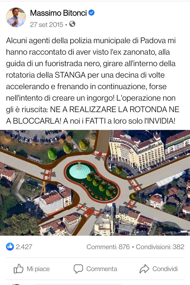 @CrazyItalianPol Former Mayor of Padova claiming that his competitor, Flavio Zanonato, was purposely causing traffic jams in a newly built roundabout.

Ultralocal stuff, but great-quality material