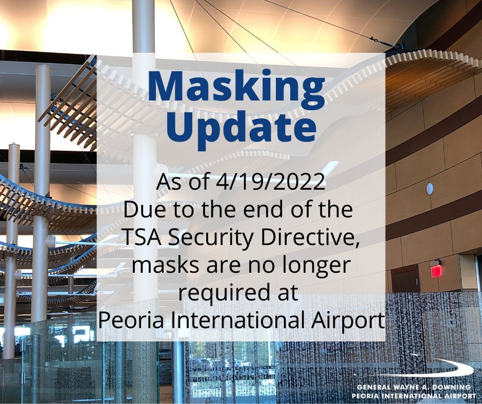 As of TODAY, Masks are no longer required at PIA.
Mask wearing within the terminal and on airport grounds will no long be enforced.  Please check with your airline and destination airport regarding their mask requirements.
#FlyPIA#SafeTravelsPIA#FlyLocal