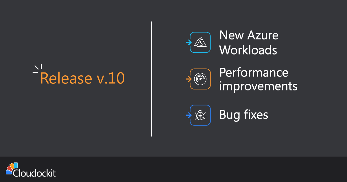 Cloudockit's tweet photo. https://t.co/WjnAMDPyVO > Cloudockit’s newest release, v.10, includes new Azure Workloads, performance improvements, bug fixes, and much more. Find out more on our website. https://t.co/Q7WthyzOAt