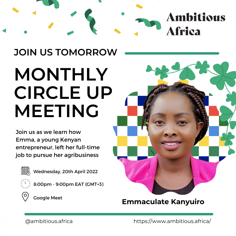 📣 Join us tomorrow at 8PM EAT for an exciting workshop as we learn how Emma Kanyuiro, a young and inspiring Kenyan entrepreneur, left her full-time job to pursue her aagribusiness. 👩🏼‍🌾

📅 April 20th 2022, 20:00-21:00 (Kenya/Finland time)

#community #event #workshop #africa
