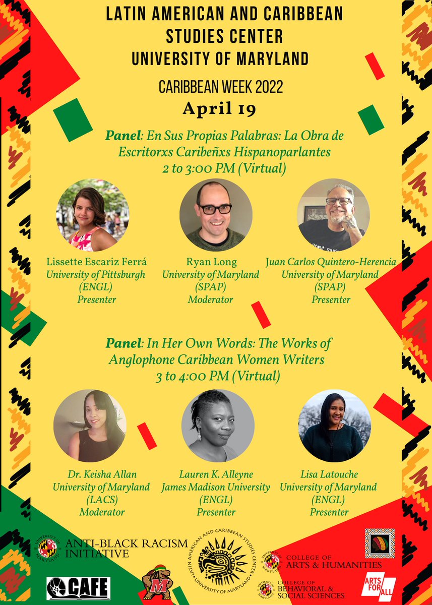 lacsUMD's tweet photo. Day 2 of @lacsUMD #CaribbeanWeek @UofMaryland !
Today: poesía en español and poetry in English
Join us at 2PM & 3PM https://t.co/uY13HcPRib
@umd_arhu @umdsllc @KeishaSimoneAl1 @PoetLKA https://t.co/BjVw31rLd5