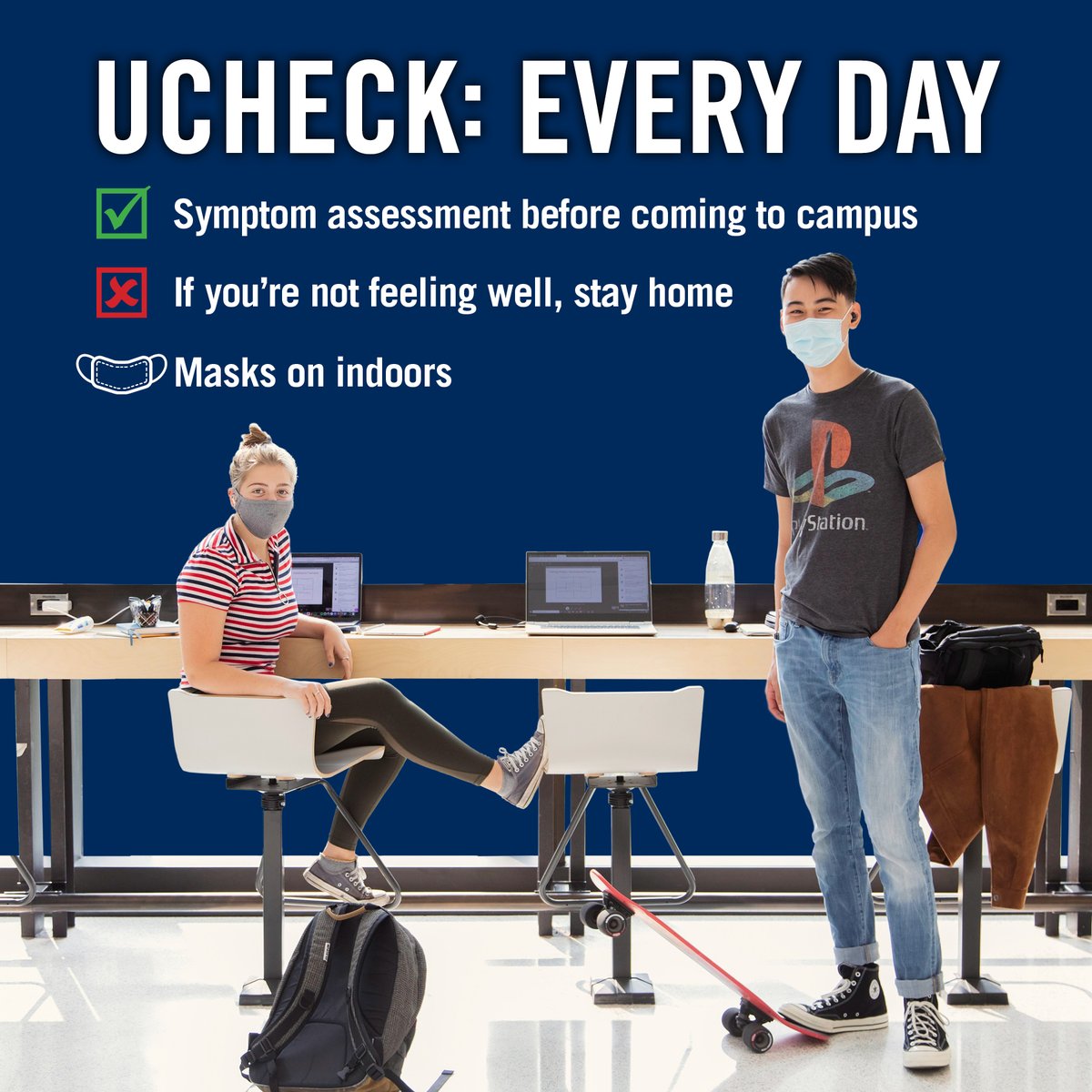 UofTEngineering's tweet photo. It's officially exam season 📝🗓: Before coming to campus, remember to complete a UCheck self assessment every day before visiting campus, stay home if you're feeling sick, and continue to wear a mask in indoor spaces 😷✅: https://t.co/Yu9OBwHZf1 https://t.co/AUXfGWGHTB