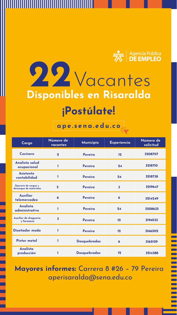 sena_risaralda's tweet photo. Nuevas vacantes en Risaralda #empleoSENA https://t.co/jjXu7namDD
