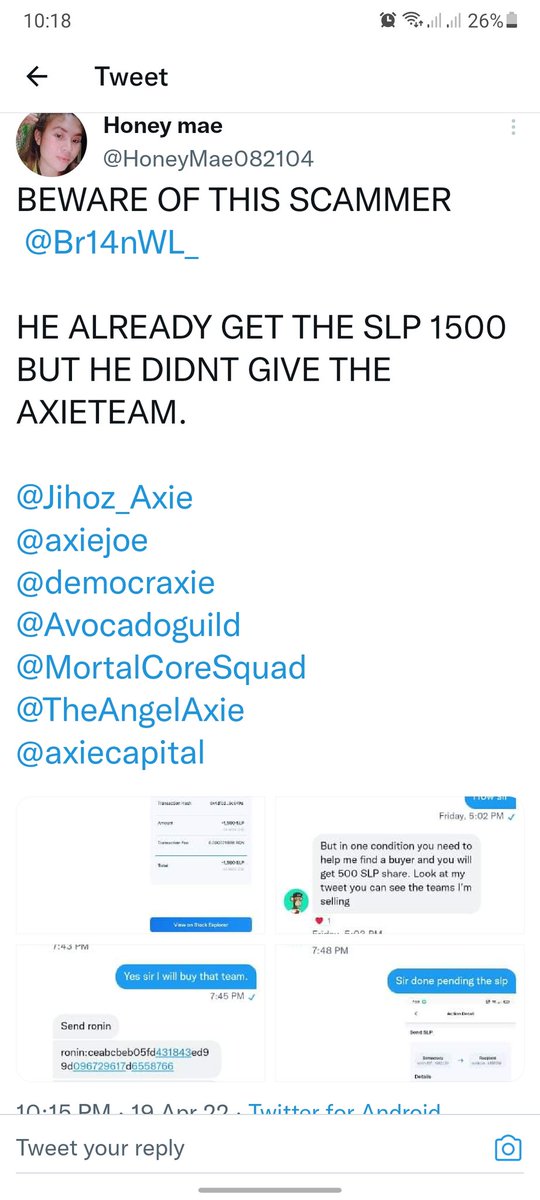 Joshuasuarez200's tweet photo. @AxieInfinity @amypeniston @ZyoriTV @axie_tech Please help beware this scammer @Br14nWL_ https://t.co/tb72w2lZnp