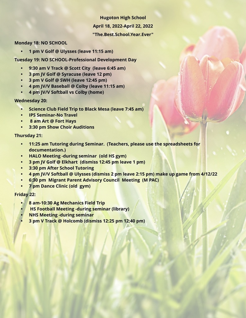 HHS weekly activities calendar for 4/18-4/22/2022