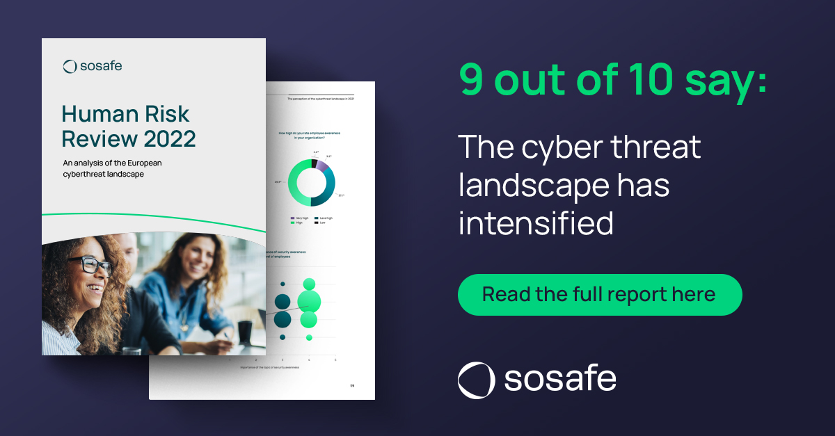 SoSafeSecurity's tweet photo. Cybercriminals are getting smarter every day. But still, the biggest risk factor are still humans! In our Human Risk Review, we cover the latest developments in the cybersecurity and how you can protect yourself.

Find the Human Risk Review 2022 here: https://t.co/QWZ7VdlCJq https://t.co/HWbbi9z59l