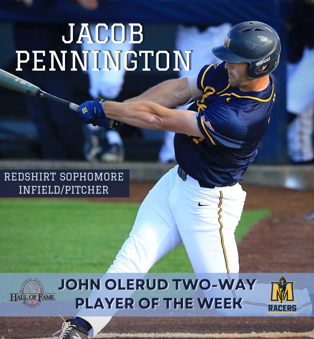 The College Baseball Foundation has named Jacob Pennington (<a href="/J_Penny17/">Jacob Pennington</a> ) from Murray State as our John Olerud Two-Way Player of the Week!
⬇️
💥team was 3-0 this weekend vs. Tennessee-Martin
💥batting: 4-for-9, HR, 2B, 2 RBIs, SB, BB
💥pitching(Sun): 3 IP, 1 R, 1 ER, 4 H, BB, 3 SO