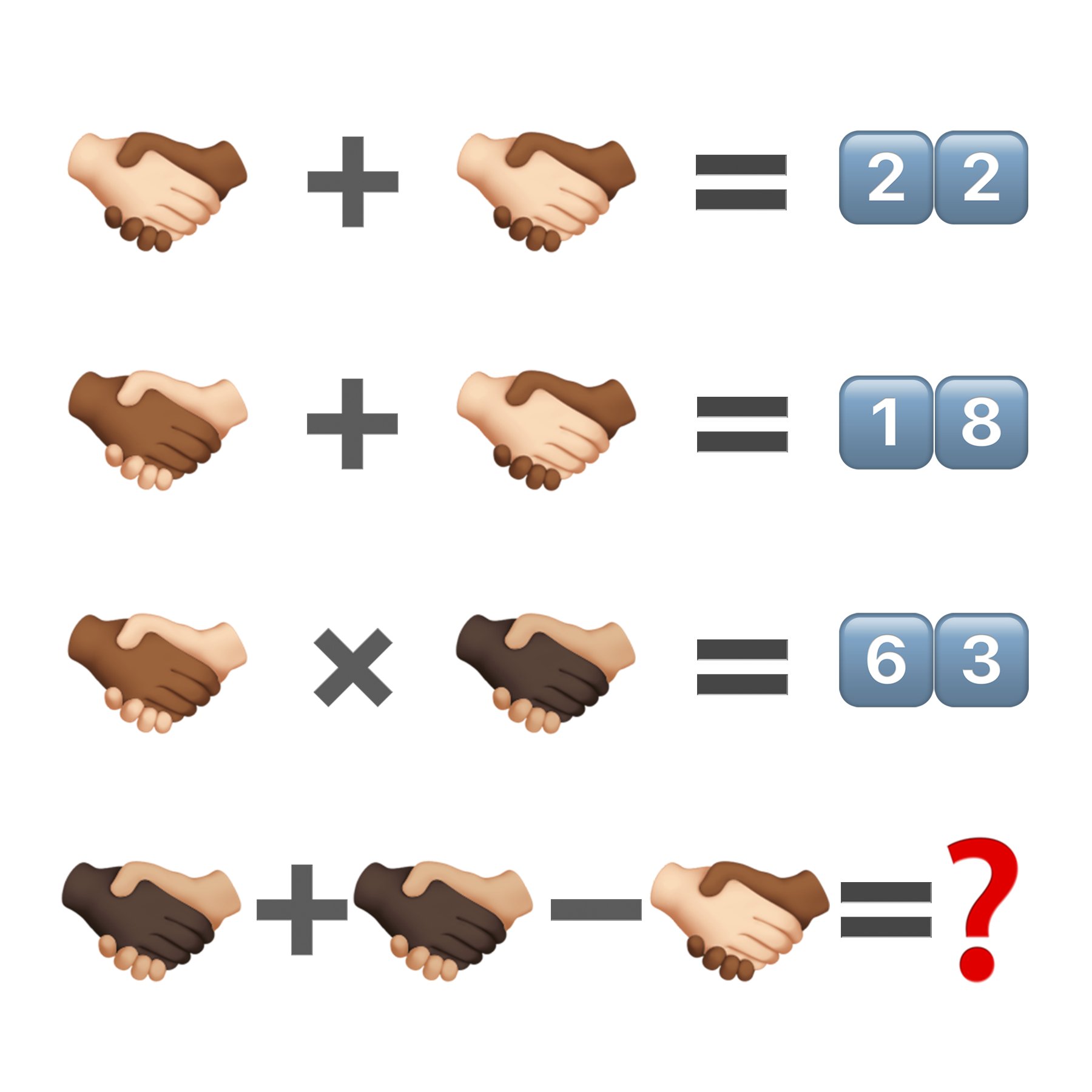 Emojipedia on X: 🧮 The emoji maths puzzle below is made of new 🤝 Handshake  emoji options – how quickly can you solve it? ⏲️🤔  🫱🏻‍🫲🏾➕🫱🏻‍🫲🏾🟰2️⃣2️⃣ 🫱🏻‍🫲🏾➕🫱🏾‍🫲🏻🟰1️⃣8️⃣  🫱🏾‍🫲🏻✖️🫱🏿‍🫲🏼🟰6️⃣3️⃣