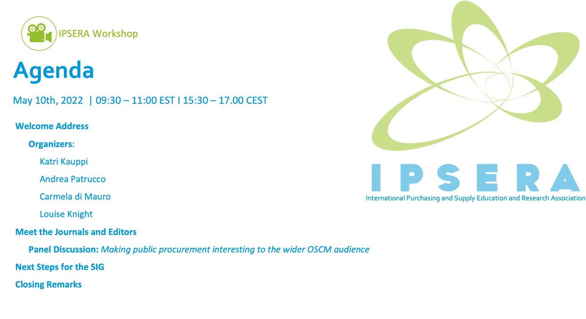 ipsera's tweet image. You are invited to the forthcoming IPSERA Workshop 'Publishing Public Procurement Research in OSCM Journals' on May 10th 2022 at 9.30 – 11.00 (EST) and 15.30 – 17.00 (CEST). 
Registration is open: lnkd.in/gp2Ags9c
#IPSERA #research #procurement