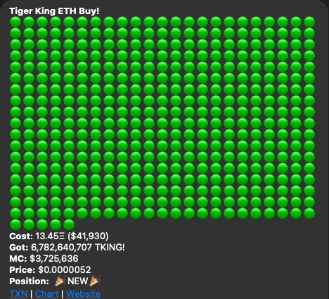 Tiger_King_Coin's tweet photo. Green means go right? 

Could not be more proud of the $TKING community!  We are building something amazing here.  Join us for the ride!  

#TKING2aPenny 
#TKING 

Website:
https://t.co/UX1pOw7Gmf

Telegram: https://t.co/zjzHhtuD4h https://t.co/RLFsQgGuX8