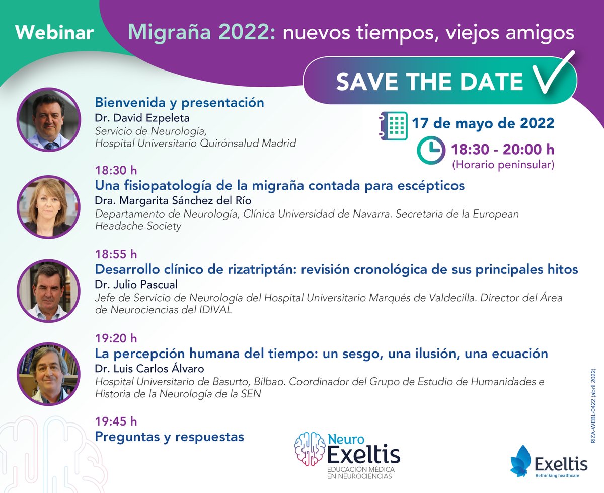 davidezpeleta's tweet photo. #MIGRAÑA 2022: nuevos tiempos, viejos amigos
17 de mayo, 18:30-20:00

Seminario web donde hablaremos de fisiopatología, rizatriptán y percepción del tiempo cronológico con @msanchezdelrio, @juliopascualg y #LuisCarlosÁlvaro

Cómo apuntarse, en breve

Agradecemos difusión 🔁❤️😇 https://t.co/qLhMjYTFpN