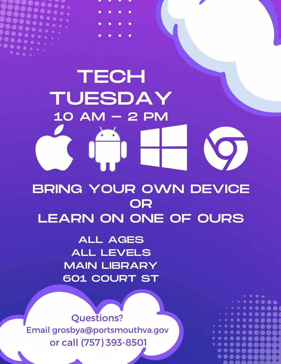 Once again it’s Tuesday and if you need help with your electronic device or anything tech related, come on down to Main Library until 2 PM.