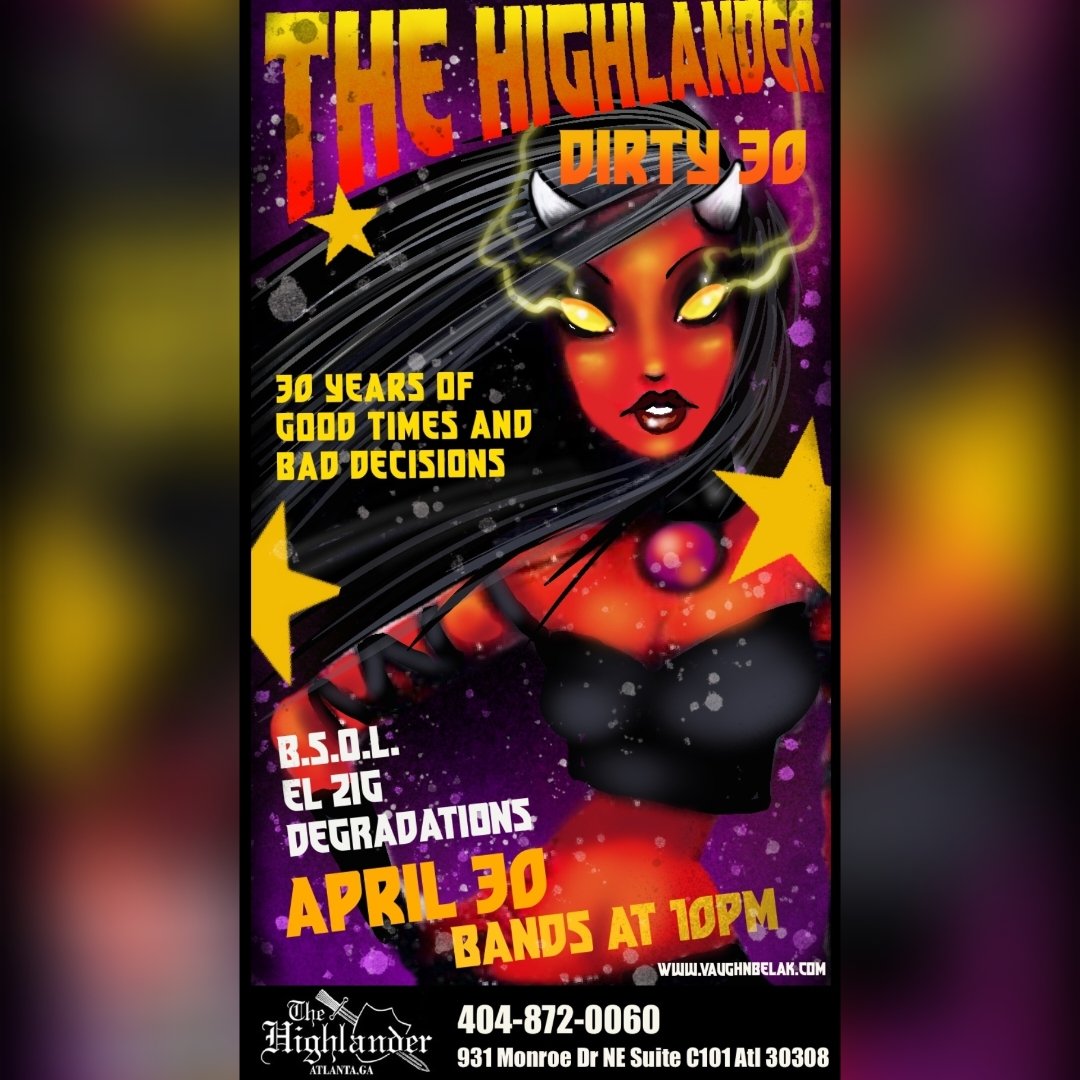 We are celebrating our 30-YEAR ANNIVERSARY on Sat, APRIL 30th! Come eat, drink,  and party with us!  BBQ starts at 1pm and goes until we run out. ALL AGES with family on the patio till 7pm! Bands start at 10pm/Free/21+. Let's tear it up!!!
#highlanderatl #punkbar #metalbar #rock
