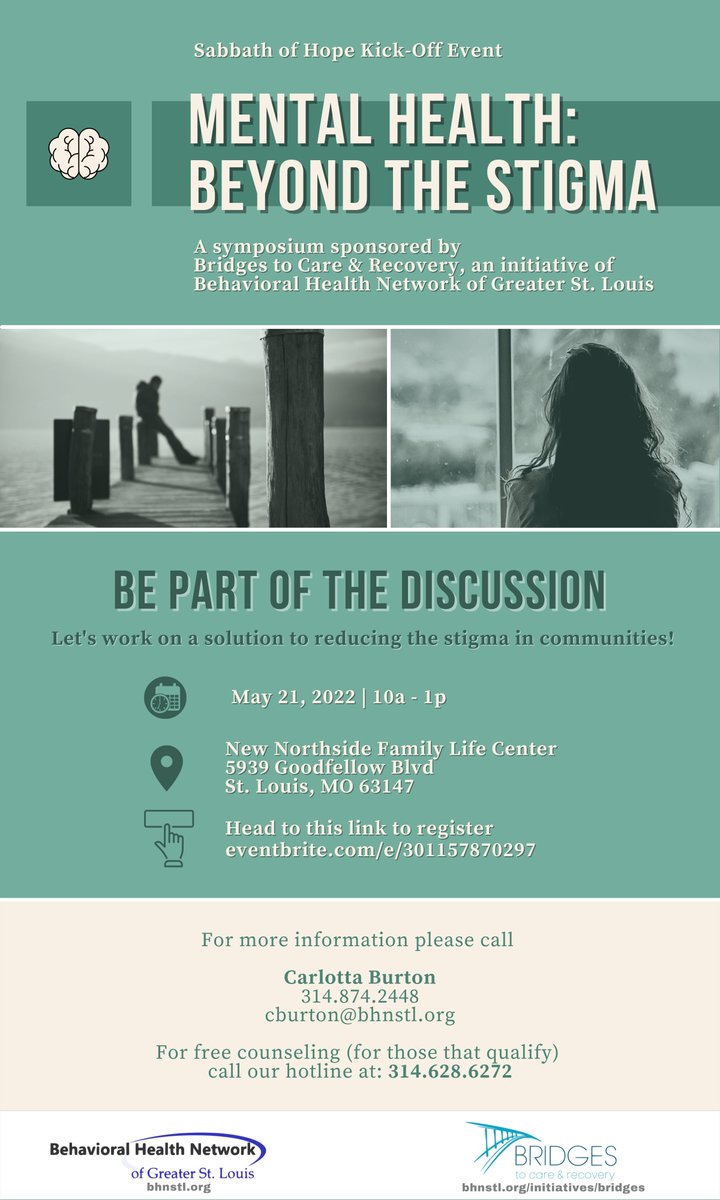 Come be part of a symposium to discuss eliminating the stigma around seeking help for mental health! Head to this link to register: eventbrite.com/e/301157870297  #beyondthestigma #mentalhealthsymposium #bhnstl