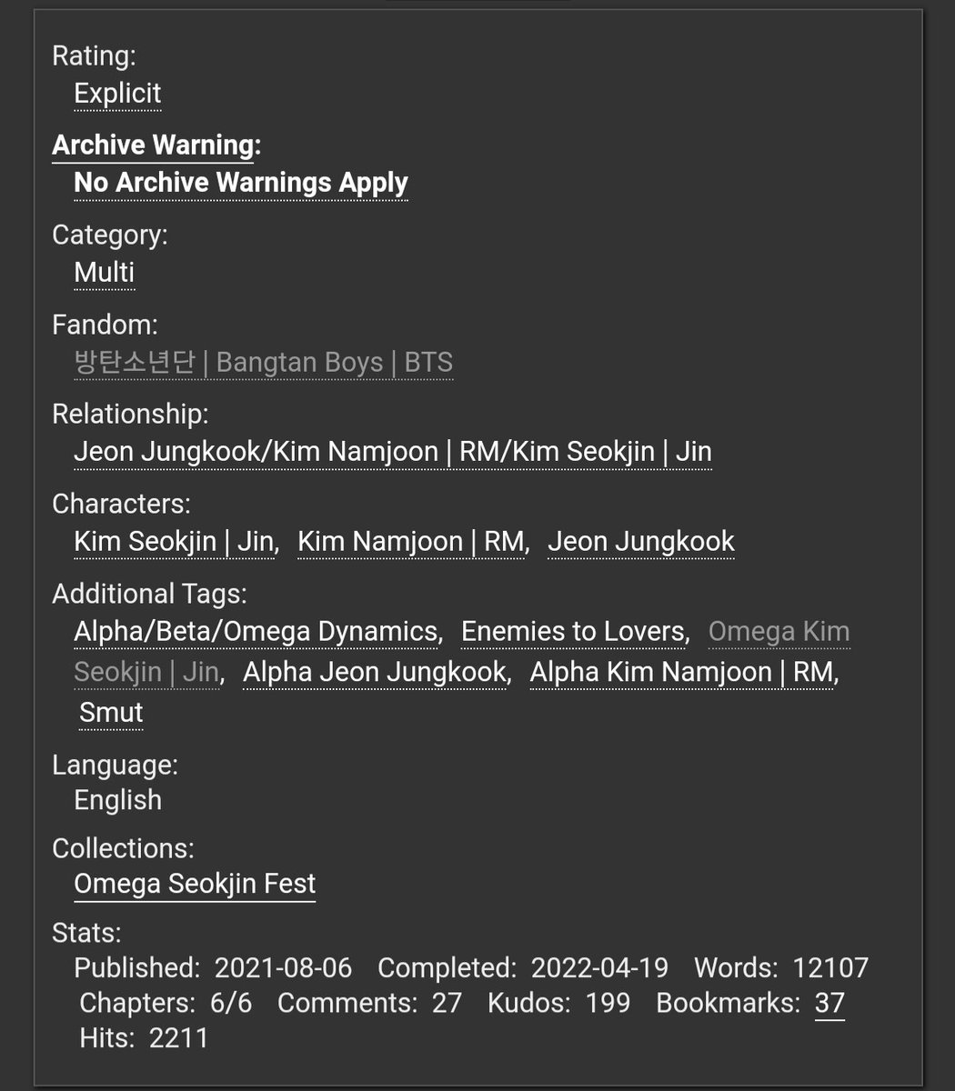 Fic: Waste it on us.
Pairing: namjinkook
Author: oops(hobbes1234)- Ao3
Tag: a/b/o verse

Bruhh the ending is just so sweet!
Been following the story since the first chapter!! give it a read, you won't be disappointed.

archiveofourown.org/works/30461772

#namjinkook #fanfic #btsfanfic #ao3