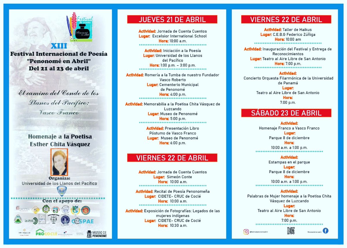 dicky_aparicio's tweet photo. Programa del Festival Internacional de Poesía Penonomé en Abríl. https://t.co/qxZN4sNnmI