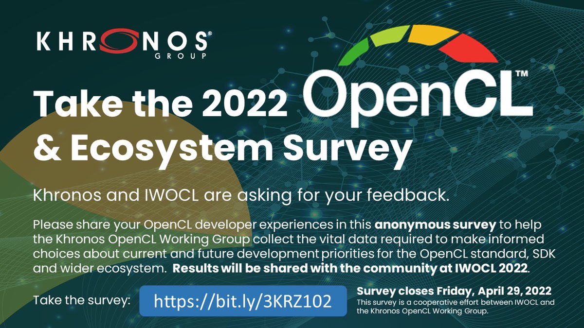 Take the 2022 OpenCL survey. Please share your OpenCL developer experiences in this anonymous survey to help the Khronos OpenCL Working Group make informed choices about current and future dev priorities. Results shared @IWOCL surveymonkey.com/r/J2BCQJN @openclapi @simonmcs