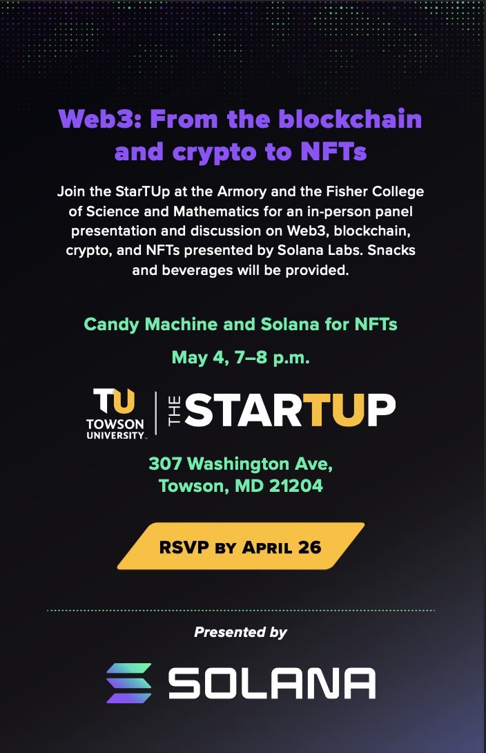 JayIrani's tweet photo. @redacted_j is flying in-person on 5/4 to give a guest lecture about NFTs at @TowsonU @TowsonStarTUp @solana @solana_devs. This event is open to the public with food/drinks provided. Register for the event here: https://t.co/64EmkX7tHu https://t.co/W34BKms6pN