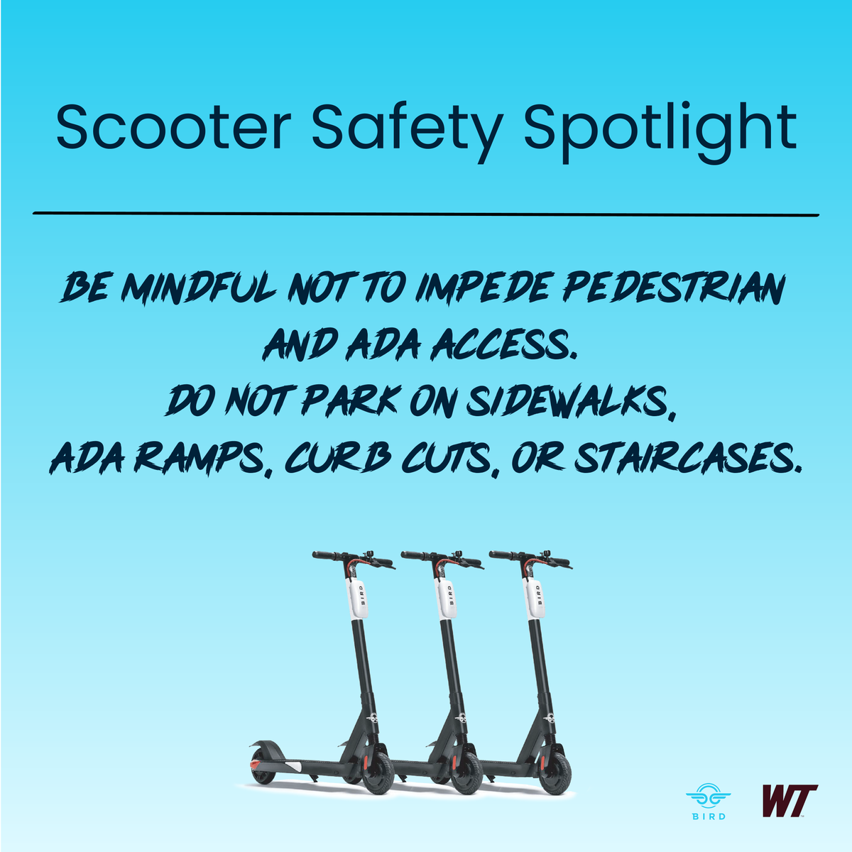 wtstudents's tweet photo. Locations where you should not park a Bird scooter: 
❌ Sidewalks 
❌ ADA Ramps
❌ Curb Cuts
❌ Staircases
Locations where you should park a Bird scooter:
✅ Scooter/Bike Rack
✅ Designated parking zones on campus – To see zones, open Bird app &amp; reference the icons labeled 'P' https://t.co/vTm8N7BHbS