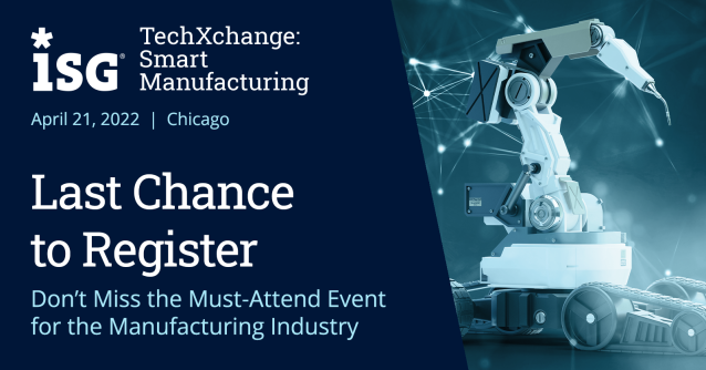 LindaDelbridge's tweet photo. Join the ISG TechXchange: Smart Manufacturing, April 21 in Chicago, to hear @HitachiVantara, @SchneiderElec, @LTI_Global, @Bayer, @AGCOcorp, @OutSystems, @BoschGlobal and more discuss the trends driving digital transformation at speed and scale. https://t.co/5w7cWDC7lN https://t.co/Ypyh99lKRC