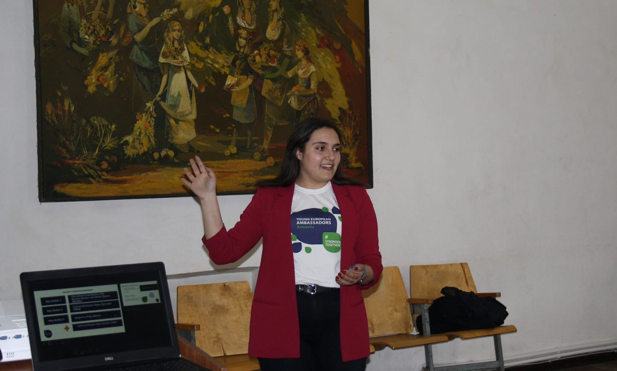 ESN_Yerevan's tweet photo. In coop. w/ Young European Ambassadors of @euneighbourseast we have been hosted in Mansuryan Cultural Center of Arts by Sustainable Climate Development NGO in #Artik. Our President informed the local youth about @EUErasmusPlus opportunities #EU4Armenia #EU4Youth #StrongerTogether https://t.co/XFyCBOXgZw