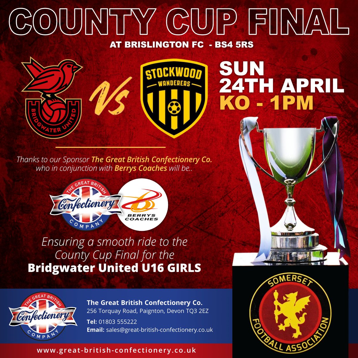 🏆| It’s the third of our <a href="/SomersetFA/">Somerset FA</a> County Cup Finals this weekend. Our Girls U16s take on Stockwood Wanderers. 

Travel to the game is generously  sponsored by The Great British Confectionary Company (great-british-confectionery.co.uk)

#WeAreUnited | <a href="/BridgwaterUtdW/">Bridgwater United FC Women</a> | <a href="/BerrysCoaches/">Berrys Coaches</a>
