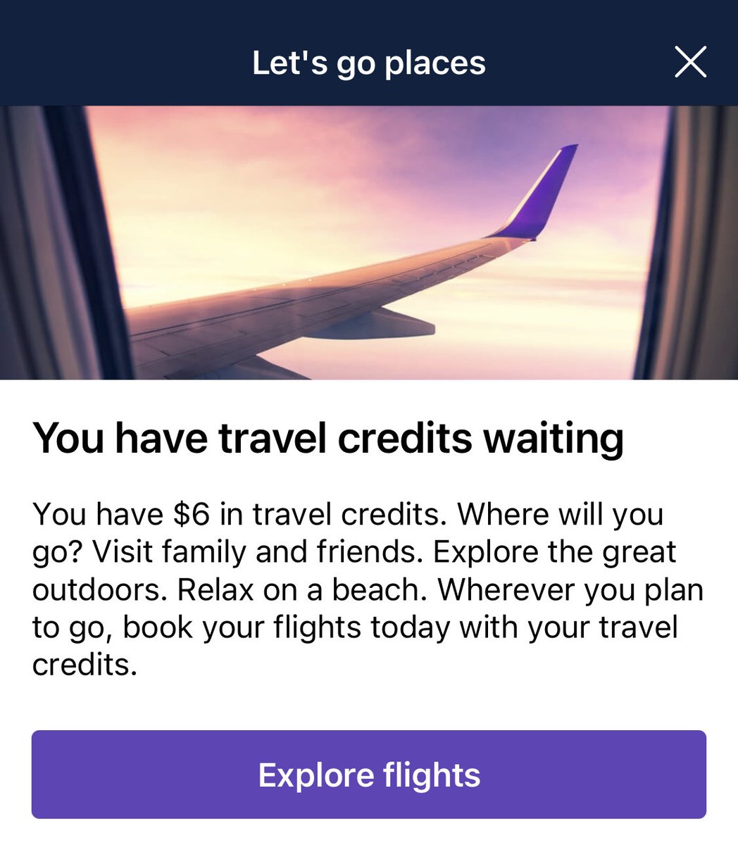 united: you have $6 in travel credits. where will you go?

me: i cannot take one single step off my couch without spending $6. god bless the copywriter who believes that im going to be relaxing on a beach now that im rich in airline credits.