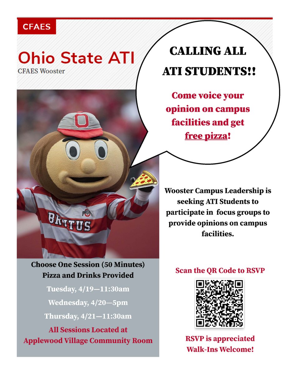 ati_osu's tweet photo. Share your thoughts on the future of campus facilities! Student focus groups this week with the first today at 11:30 am in the Community Room! FREE PIZZA AND DRINKS!!! https://t.co/ZxwS6ZyN2i