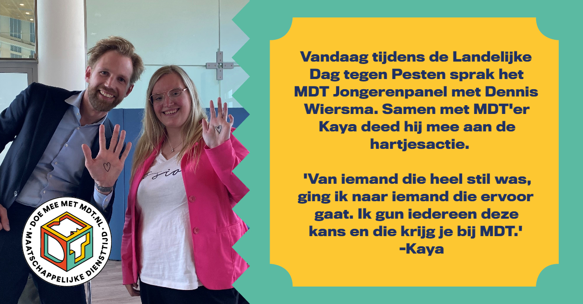 Vandaag is de landelijke #dagtegenpesten. Omdat pesten nog steeds een groot probleem is in Nederland, steken we namens MDT graag iedereen een hart onder de riem. Ook laten we zien wat MDT voor een jongere kan betekenen.