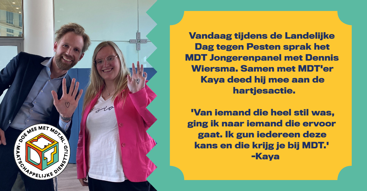 mdt_nl's tweet image. Vandaag is de landelijke #dagtegenpesten. Omdat pesten nog steeds een groot probleem is in Nederland, steken we namens MDT graag iedereen een hart onder de riem. Ook laten we zien wat MDT voor een jongere kan betekenen.
