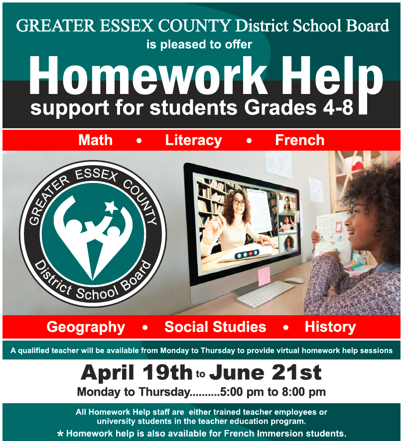 Homework Help Support for Students in Grades 4-8! Parents can make a request by clicking this link (bit.ly/3jBZrLS) and completing the Microsoft Form. A response will be provided the same day. If you have questions please contact Craig Guthrie at 519-255-3200 ext. 10354.