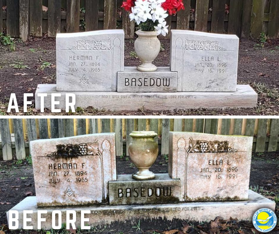 MyrtleBeachGov's tweet image. Our team of three at Myrtle Beach's Ocean Woods Memorial Cemetery has been hard at work on beautification projects.  400-500 graves in need of some TLC have gotten it from our cemetery's manager, Kurt Klepper.  Klepper invested in D2 monument cleaner. #FirstInService